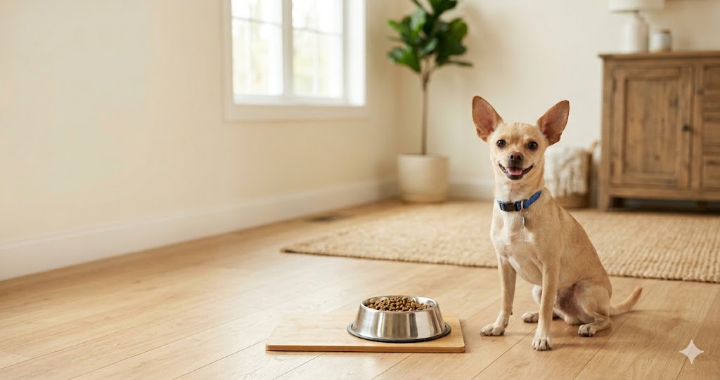 Healthy adult Chihuahua beside a small food bowl
