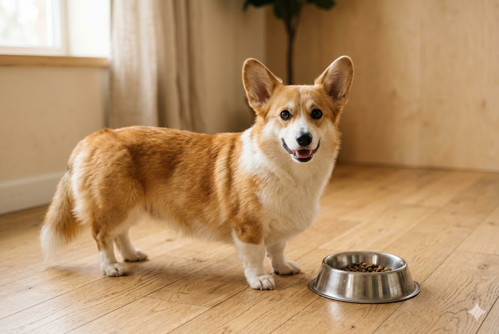 Healthy adult Pembroke Welsh Corgi standing beside a food bowl