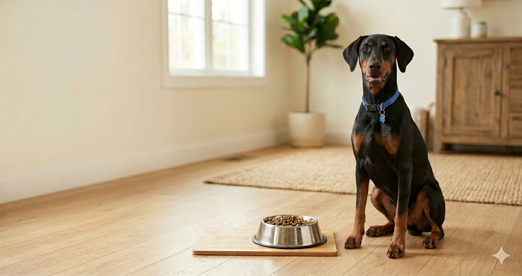 Healthy adult Doberman Pinscher beside a food bowl