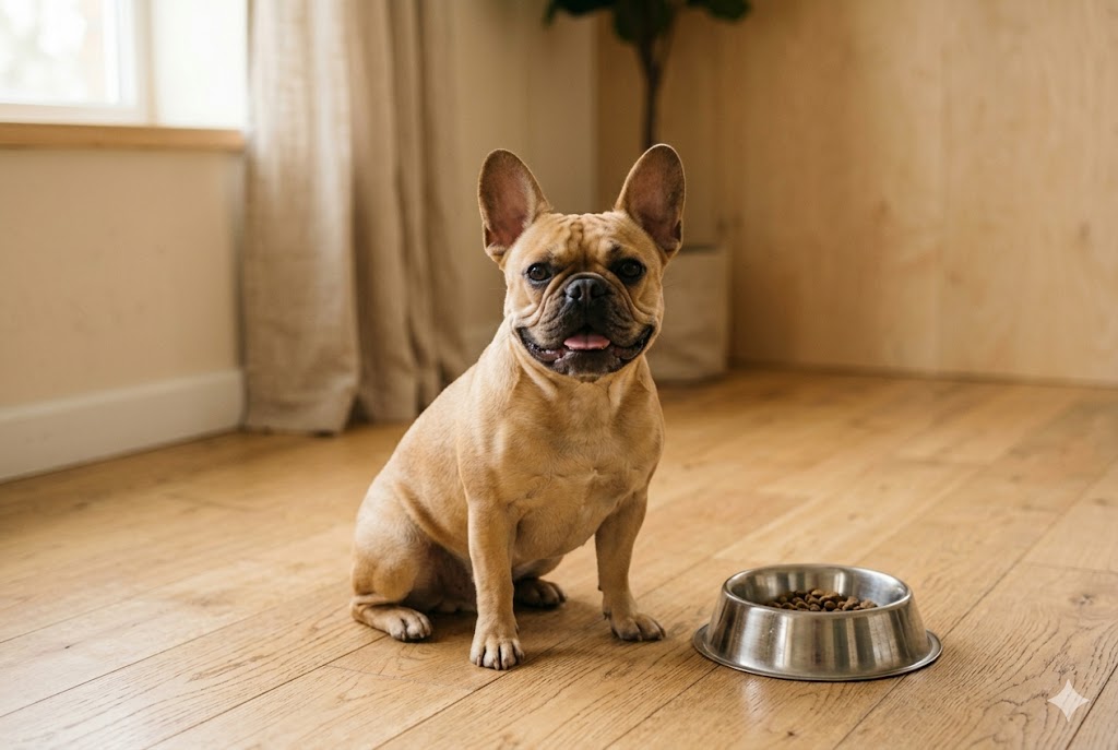 Healthy adult French Bulldog sitting beside a food bowl
