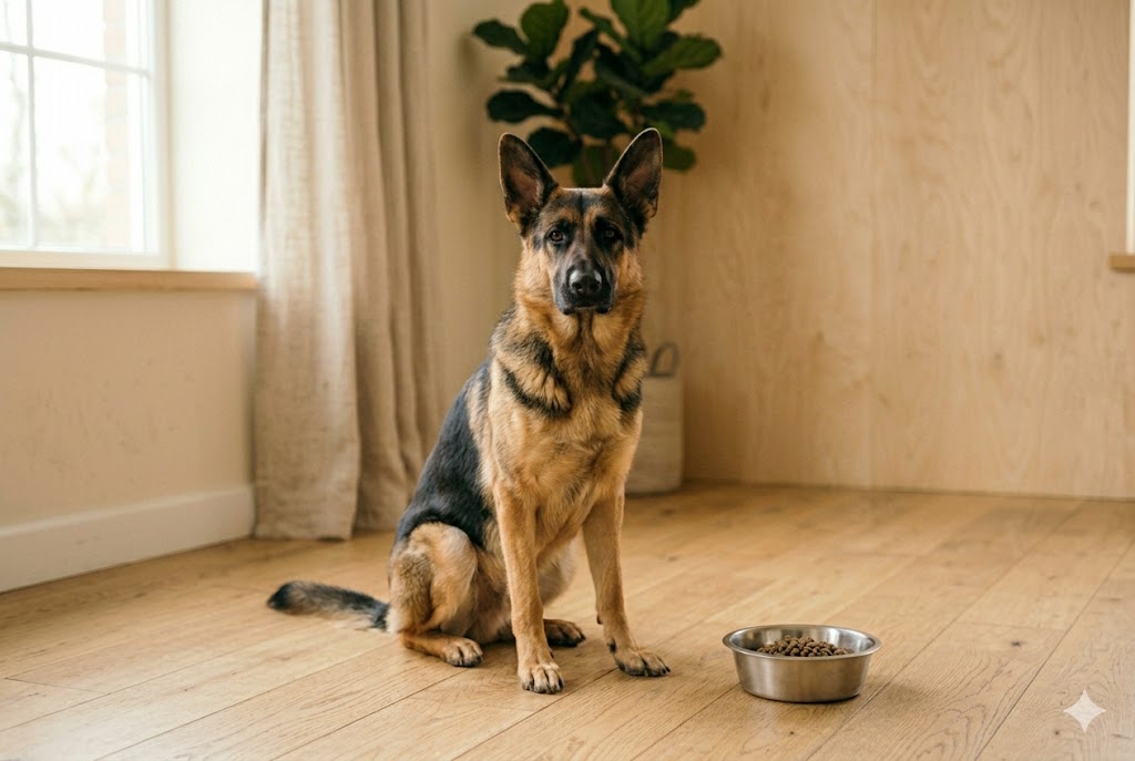 Healthy adult German Shepherd sitting beside a food bowl