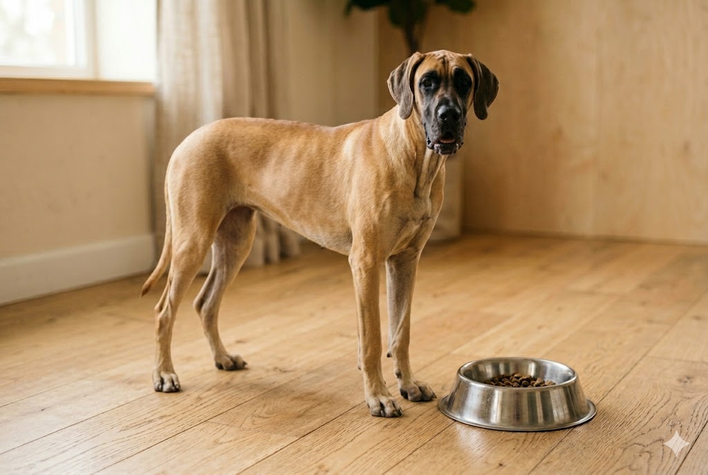 Healthy adult Great Dane standing beside a food bowl