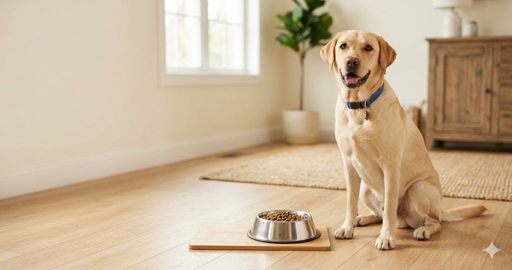 Healthy adult Labrador Retriever sitting beside a food bowl
