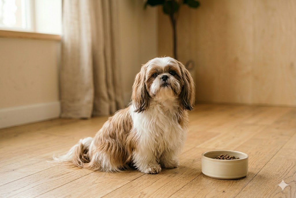 Healthy adult Shih Tzu sitting beside a food bowl